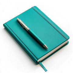 Isolated teal notebook with pen on plain white background, PNG format, modern stationery item ideal for writing, office, or study design projects

