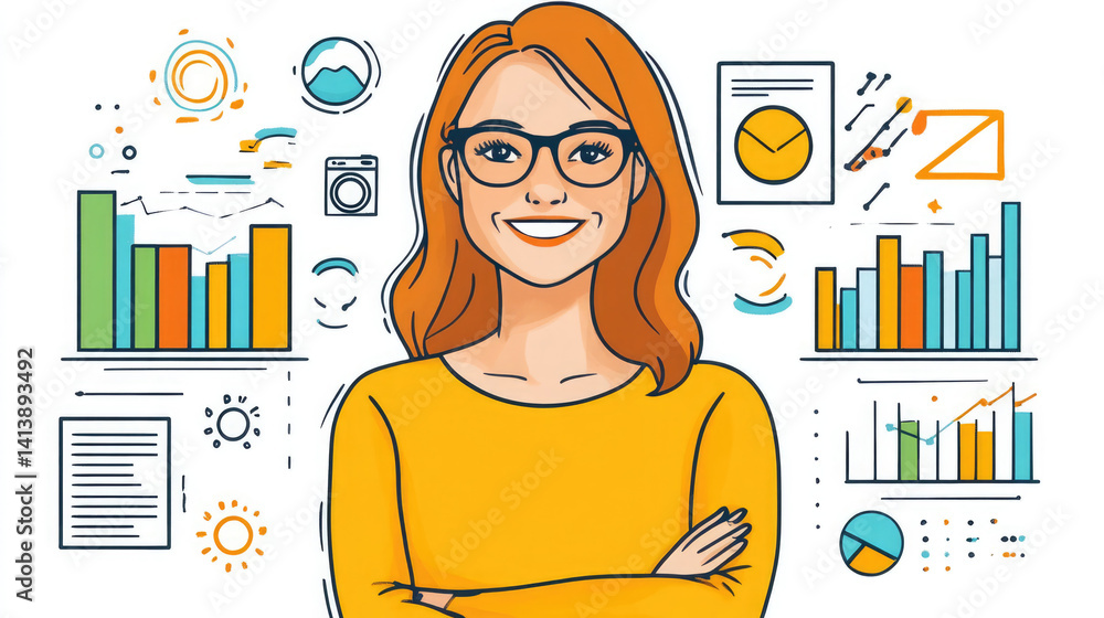 Aufkleber cartoon illustration of woman surrounded by graphs and data charts on light background for business 