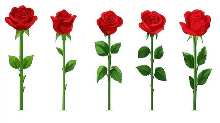Obraz premium Five vibrant red roses with green stems and leaves, displayed in a row against a white background