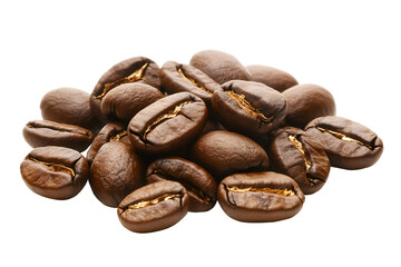 Obraz premium Taken macro lens roasted Arabica coffee beans dark brown. Black surface, highlighting rich textures colors. Drink made from seeds contains caffeine. Isolated on cut out PNG or transparent background.