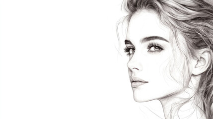 Naklejka premium Detailed black and white sketch of young woman on bright white background with room to copy for inspirational blogs,thoughtful content and artistic portrait illustrations.