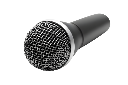 Black modern microphone long for podcast. Related to music, audio, communication. Isolated on cut out PNG or transparent background.  Recording studios, broadcasting or live performances.