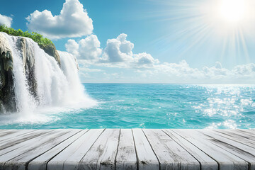 Empty white wooden floor or table with sea, waterfalls, mountains, green forests, white mist, blue water sunny sky is background. Realistic nature template pattern. Podium advertising stand display.