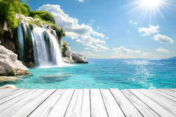 Podium for advertising stand display. Empty white wooden floor or table with waterfalls, mountains, and green forests, white mist, blue water sunny sky is background. Realistic nature template pattern