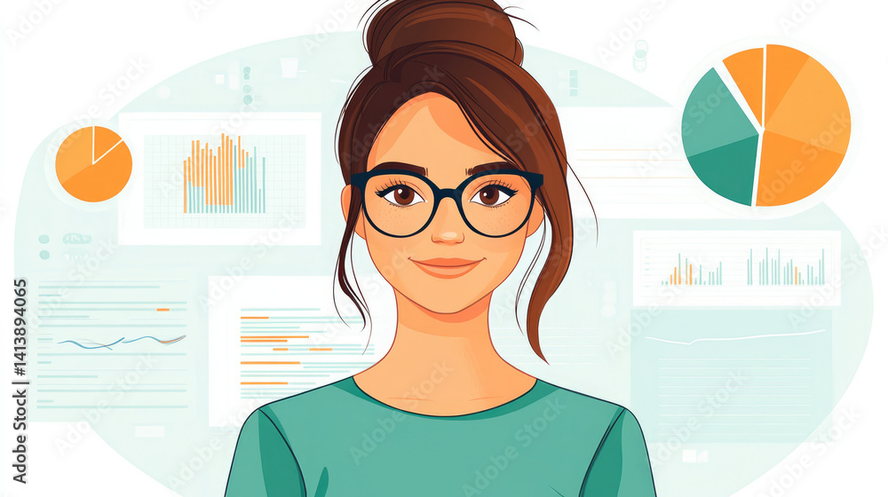 Poster cartoon illustration of woman surrounded by graphs and data charts on light background for business 
