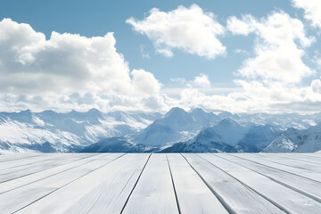 Empty white wooden floor or table podium. Mountain surrounded by snow landscape is background. Blue sky with white clouds, bright sunlight. Abstract Texture. Advertising display