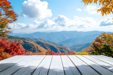 Landscape empty white wooden floor or table podium. Advertising display. Middle mountain of red, green forests with sunny cloud sky nature is background. Realistic color autumn leaves template pattern