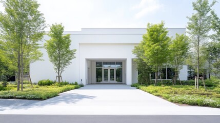 Modern white building entrance with landscaping