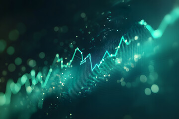 Stock trading on graph green crypto currency background. Technical price and indicator and green candlestick chart on blue theme screen, market volatility, up and down trend. Business growth