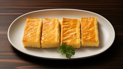 Top-Down View of Tamagoyaki Slices on White Plate