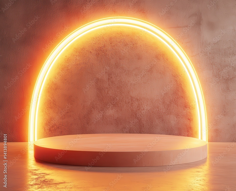Poster round platform with neon glow in warm setting for product display