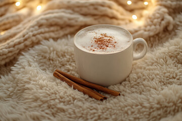 Cup of hot cinnamon spice latte on a cozy blanket, with steam rising, autumn leaves in background.