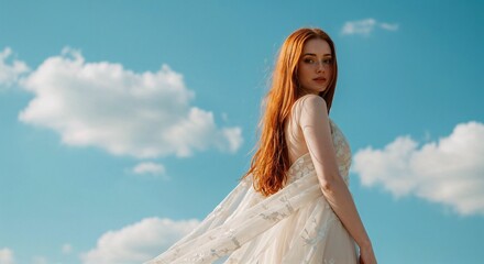 Dreamy Redhead Woman in Flowing White Dress Under Blue Sky