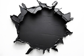Hole breaking through black wall concrete on white background. Hole in black paper or with torn edges and piercing sunlight and rays through it. Broken paper wall art.