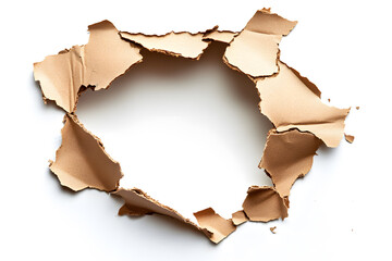Bullet hole with cracked broken damaged on wooden brown walls. Cardboard on white background for overlay transparent window.  Art from real bullet holes. Background Texture Abstract.