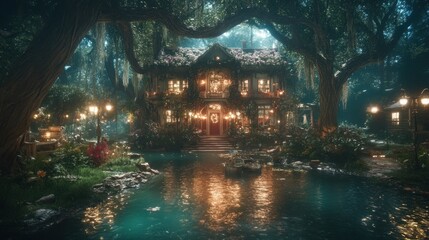 Enchanted house by a tranquil pond