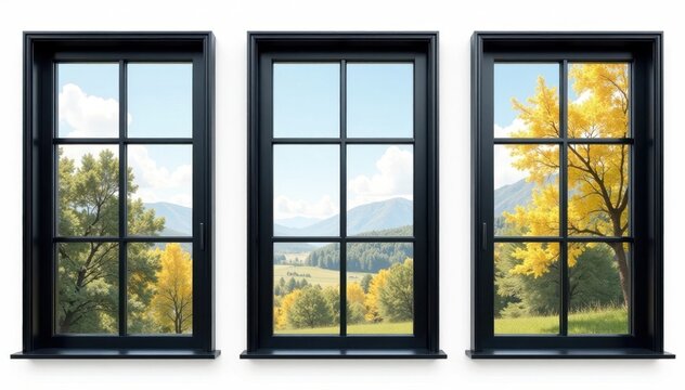 Sleek black window frames, various sizes, isolated , asset, photography
