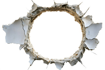 Bullet hole with cracked broken damaged on glass or wooden walls. Cardboard on white background for overlay transparent window. Texture Background Abstract. Art from real bullet holes. 