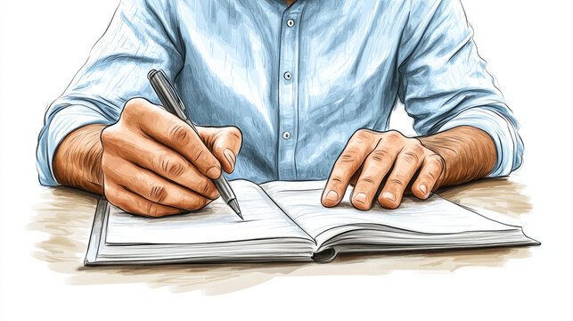 Sketch of hands writing in an open notebook with a pen on a white background for blogs, diaries and creative process illustrations.