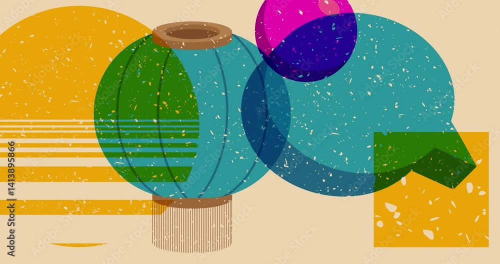 Poster risograph chinese lantern and speech bubble with geometric shapes animation. moving object in trendy