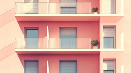 Fototapeta premium Pink building, balconies, sunny day, apartments, city, architectural rendering, real estate, brochure