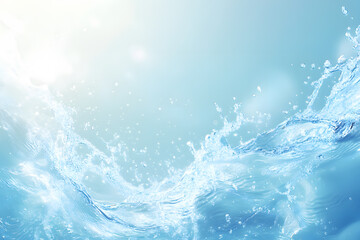 Transparent blue clear water wave surface texture with splashes and bubbles white. copy space. Abstract summer banner background Water waves in sunlight. Cosmetic moisturizer micellar toner emulsion.