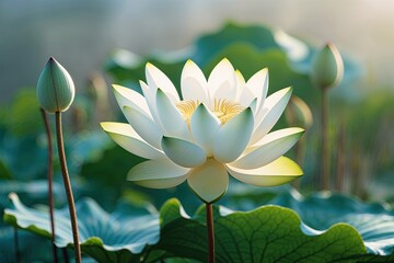 Obraz premium Close-Up of a White Lotus Flower in Natural Light Against a Soft Background for Tranquil Beauty