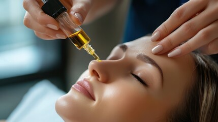 Facial oil treatment, spa, skincare, close-up, relaxation, wellness, beauty