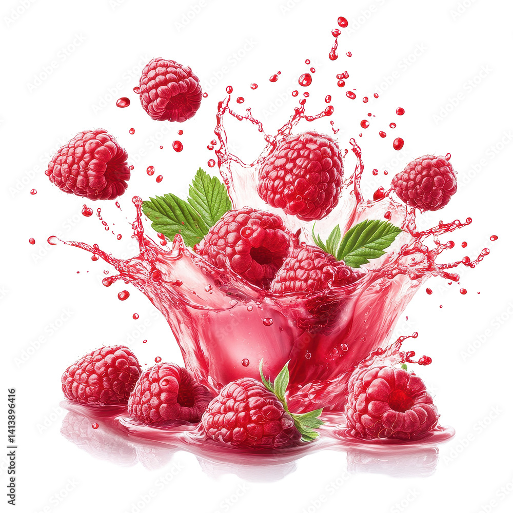 Aufkleber raspberries creating a vibrant splash in juice on a clean transparent background, raspberries in jui