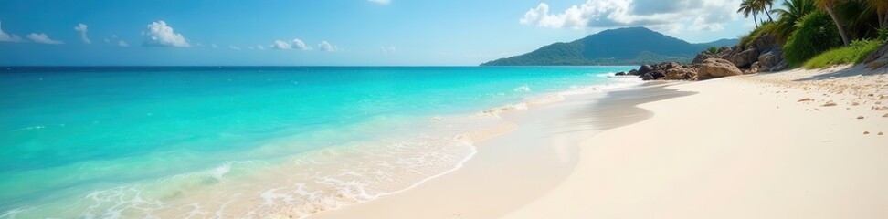 Obraz premium Sun-drenched white sand meets turquoise sea, gentle waves lapping shore , beautiful, holiday