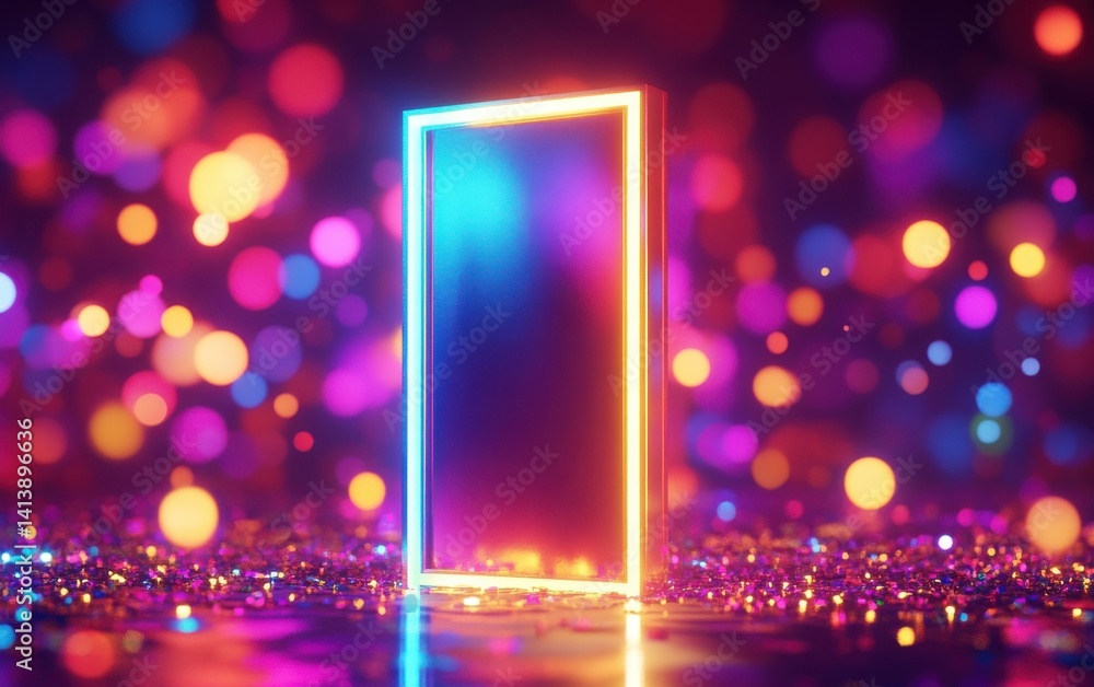 Poster glowing rectangular frame with bokeh lights and glitter sparkles