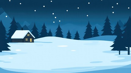 Snowy winter night landscape with cozy cabin