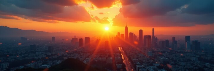 Fototapeta premium Sun rising over cityscape, clocks showing time change, skyline, time, buildings