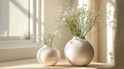 Sunlight illuminates white vases with baby's breath flowers on windowsill