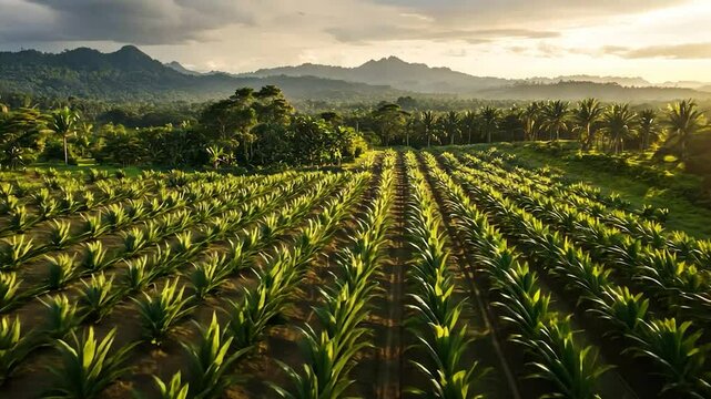 Aerial view of a lush agave plantation at sunset, rows of agave plants stretching across a valley, with mountains in the background