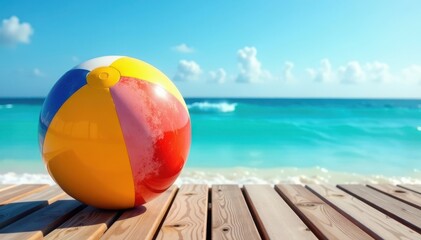Obraz premium Vibrant beach ball on wooden deck, ocean view , sunny, tropical, bright