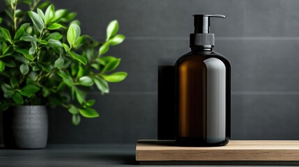 Dark amber bottle of body wash or lotion, on a wooden shelf against a dark gray wall with greenery