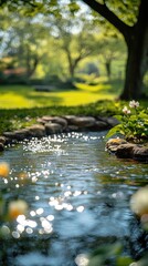 Fototapeta premium Sunny garden stream flowing through landscaping
