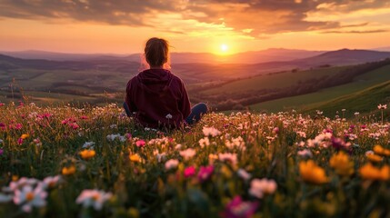 Fototapeta premium A person sitting in a field of flowers, watching a sunset over rolling hills