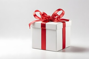 Obraz premium White gift box with red ribbon, blank white background for design