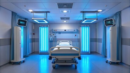 Fototapeta premium Pathogens Microbes Infectious Disease concept, Modern hospital room featuring a bed, medical equipment, and blue lighting.