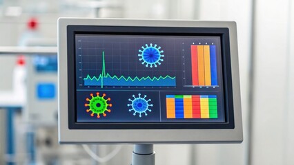 Pathogens Microbes Infectious Disease concept, Medical monitor displaying health data and virus indicators in a clinical setting.