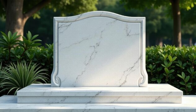 Elegant marble headstone, simple design, serene setting, epitaph, nature, death