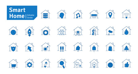 Smart Home Blue Line Editable Stroke Icon Set. Secure, Technology, Internet, Voice Assistant, Controller, Air Conditioning and more. UI Icon Set in a Flat Design. Outline Icons Vector Illustration.