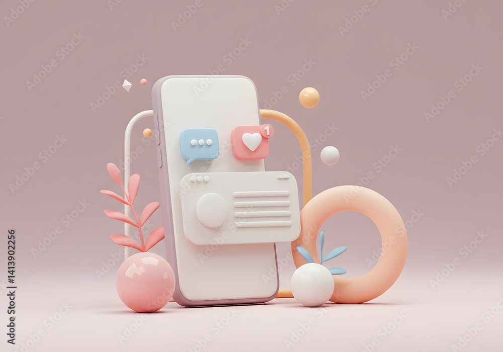Poster modern smartphone app ui design 3d render of social media interface