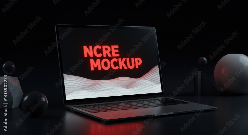 Aufkleber laptop displaying ncre mockup with abstract design and geometric shapes on a dark background