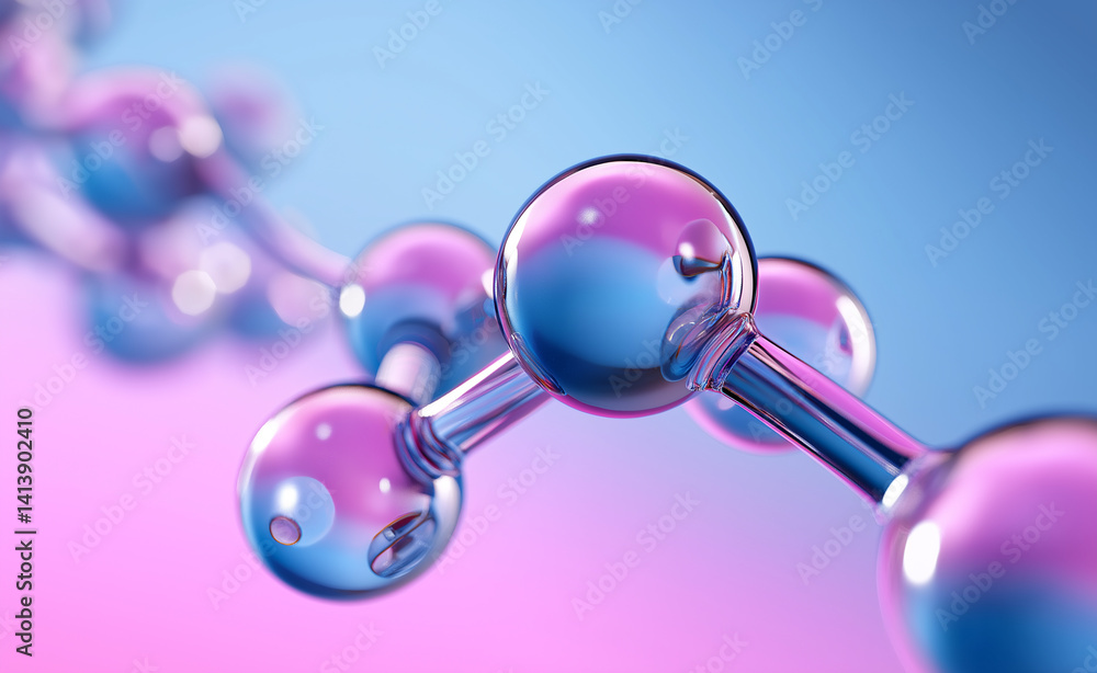 Poster glossy molecular structure with transparent spheres and connecting rods on a pink and blue gradient 