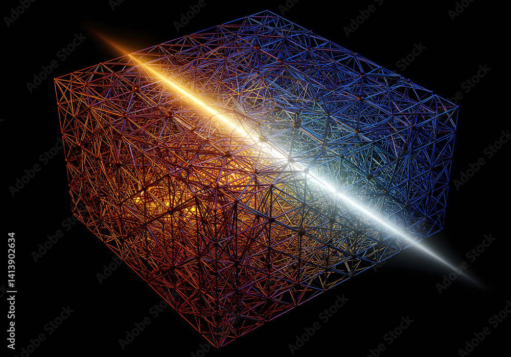Poster abstract 3d cube with light beam, digital art, geometric structure, wireframe, data visualization, t