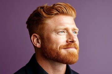 Obraz premium Purple solid background. Trendy men's textured crop haircut - midlife white man with red hair. A strong and graceful male displaying confidence. Concept art of style for aging men.