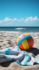 Obraz premium Bright beach towel and colorful ball on warm sand near ocean waves, a cheerful setup for summer fun and playful memories.